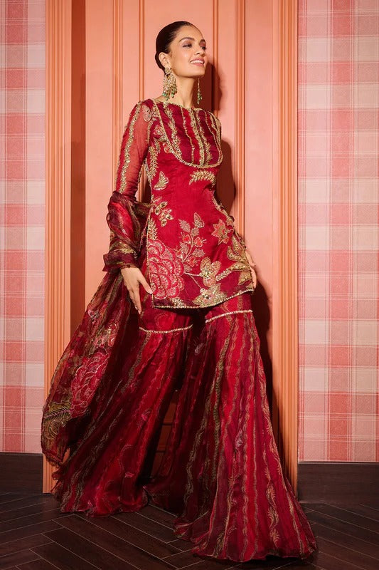 Red Embroidered Kurta and Dupatta with Garara