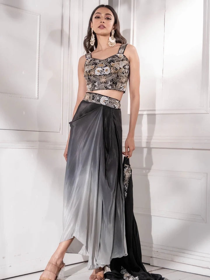 Black Ombre Indo western Draped Dhoti Skirt Set