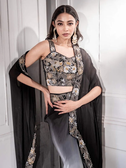 Black Ombre Indo western Draped Dhoti Skirt Set
