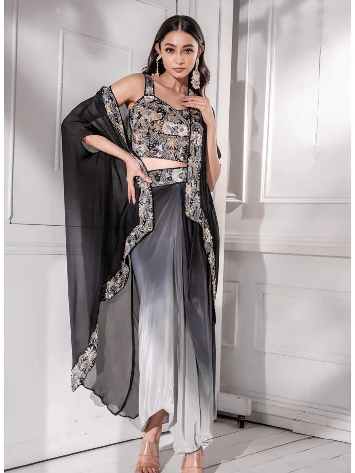 Black Ombre Indo western Draped Dhoti Skirt Set