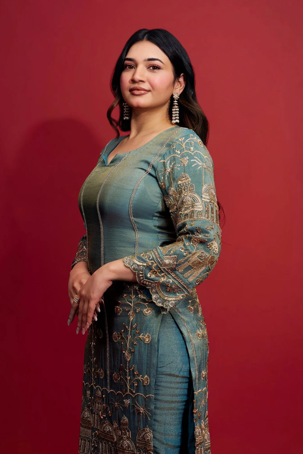 Designer Teal Blue Embroidered Kurta Set