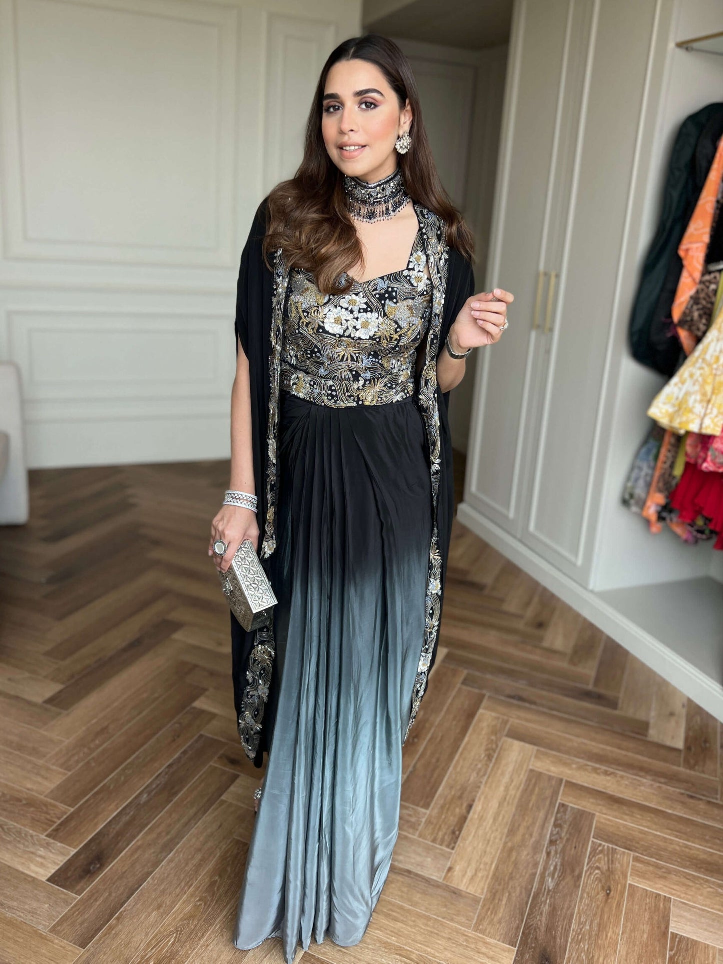 Black Ombre Draped Dhoti Skirt Set