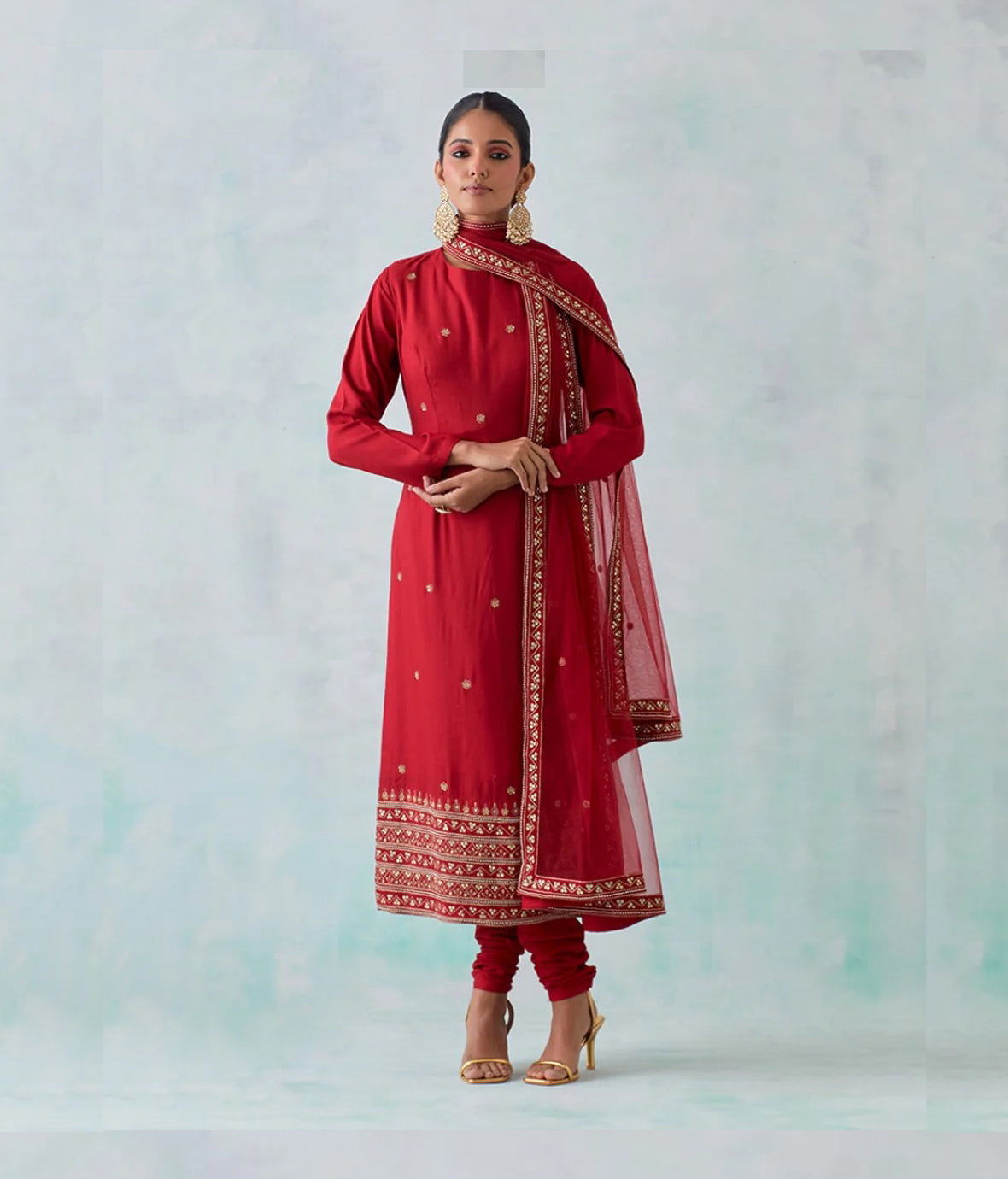 Red Cheese Chanderi Viscose Kurta With Churidar And Dupatta