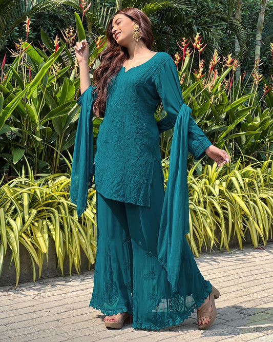 Green Floral Lucknowi Embroidered Georgette Sharara Suit