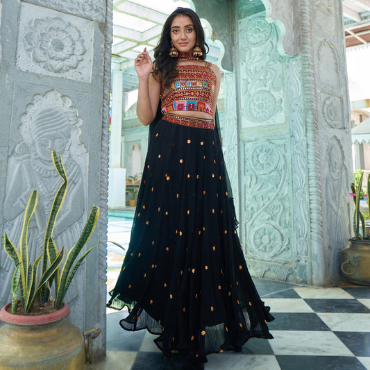 BLACK SEQUINS EMBROIDERED GEORGETTE LEHENGA CHOLI