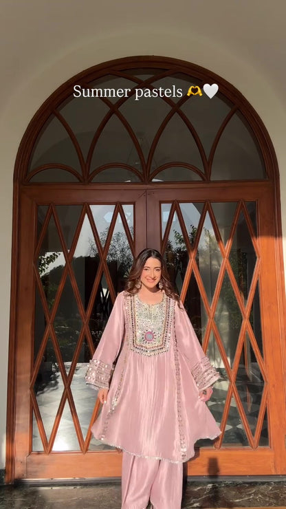 Rose Pink Mirror-Work Embellished Kurti & Pant Set – Festive Ethnic Wear
