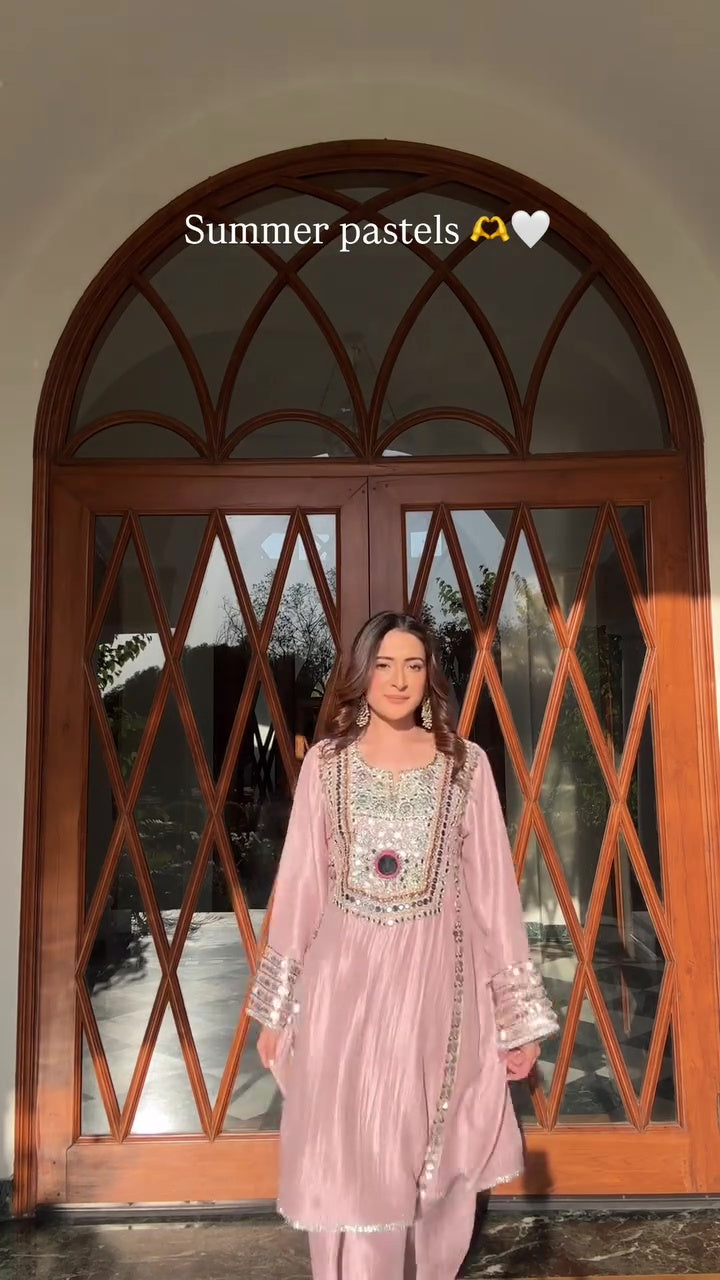 Rose Pink Mirror-Work Embellished Kurti & Pant Set – Festive Ethnic Wear