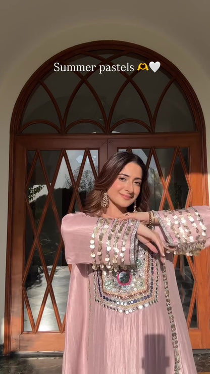 Rose Pink Mirror-Work Embellished Kurti & Pant Set – Festive Ethnic Wear