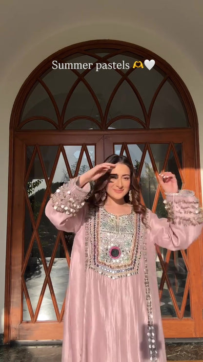 Rose Pink Mirror-Work Embellished Kurti & Pant Set – Festive Ethnic Wear