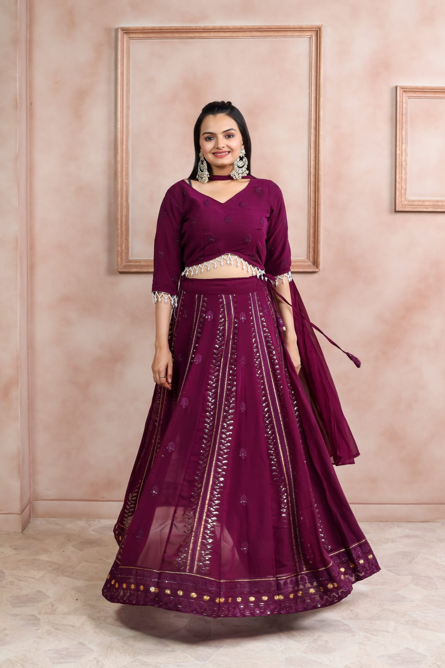 WINE SEQUINS EMBROIDERED GEORGETTE LEHENGA CHOLI