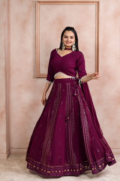 WINE SEQUINS EMBROIDERED GEORGETTE LEHENGA CHOLI