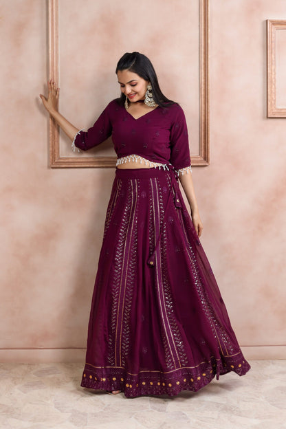 WINE SEQUINS EMBROIDERED GEORGETTE LEHENGA CHOLI